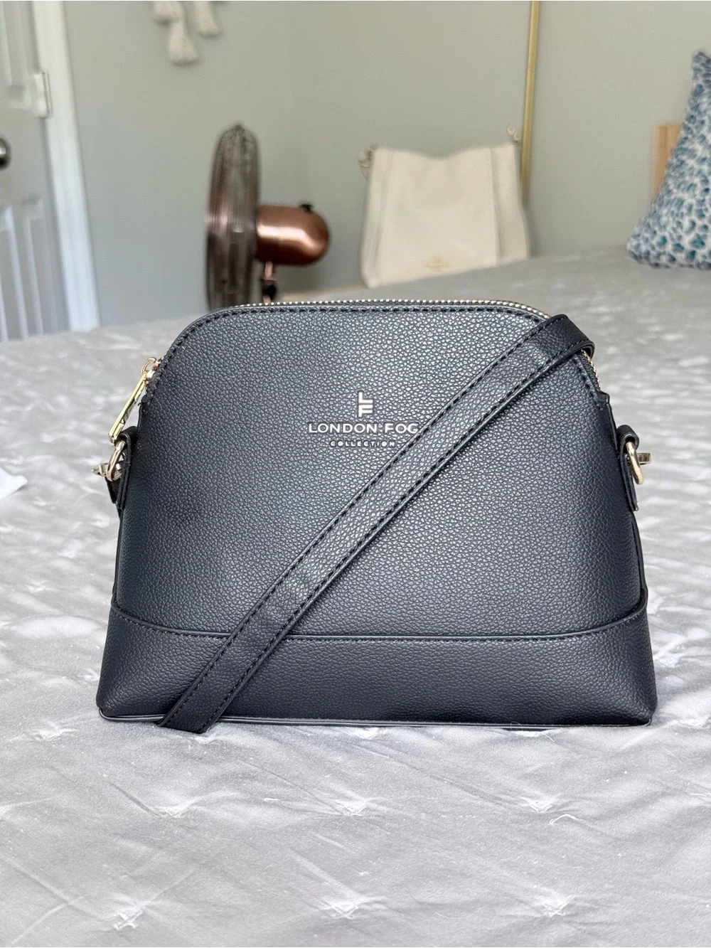 London Fog Black and Gold Pebble-Textured Dome Black Crossbody